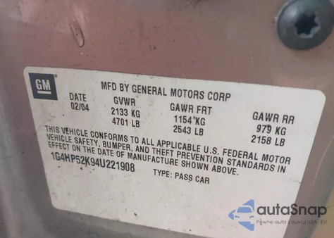 2004 Buick Lesabre Custom z USA, uszkodzony, nr VIN 1G4HP52K94U221908